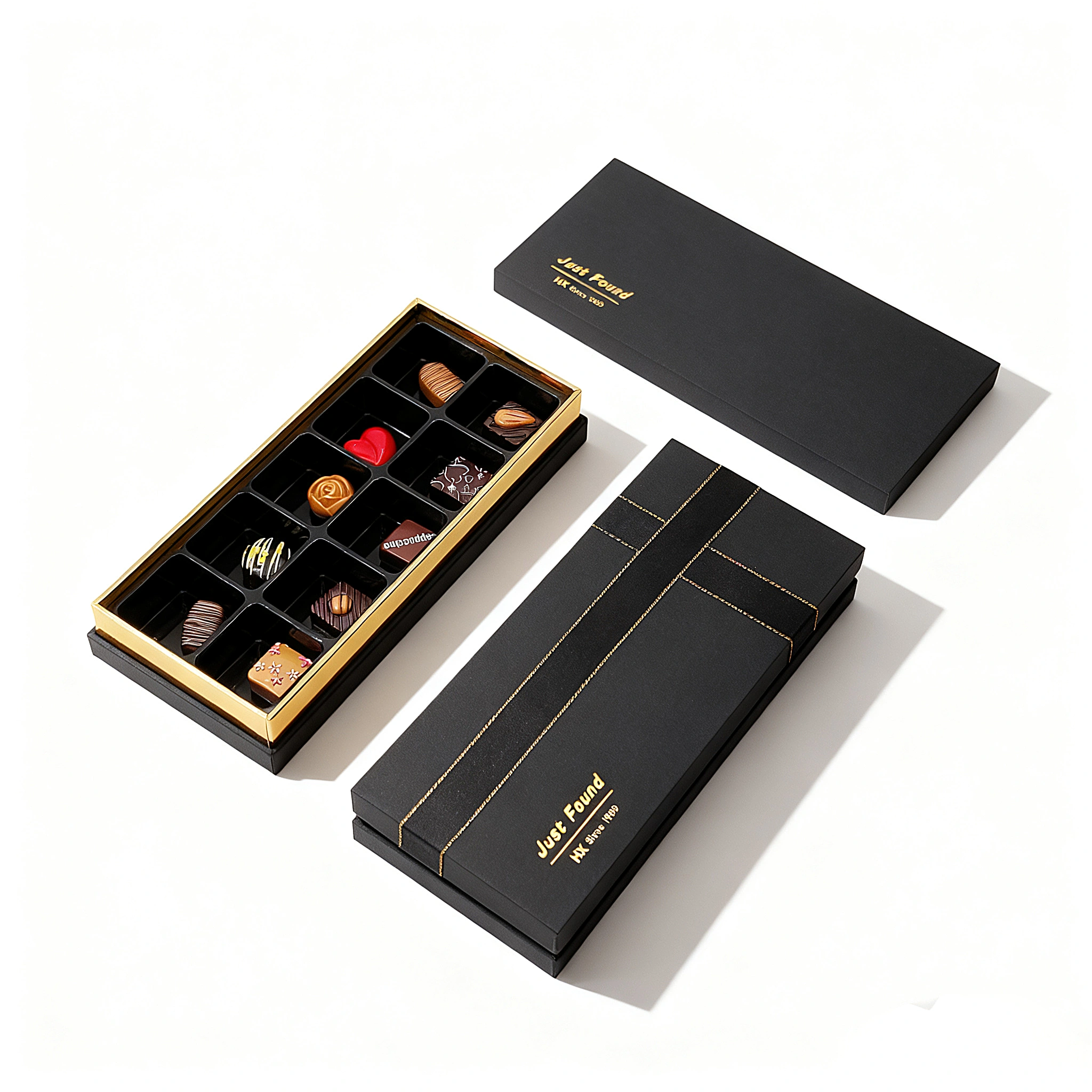 Custom chocolate boxes showing brand packaging and insert presentation option